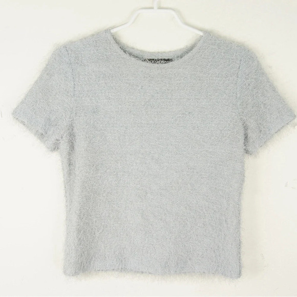 Vintage Vivian Shyu Fuzzy Boucle Ice Grey Blue Short Sleeve Knit Top - Picture 1 of 3